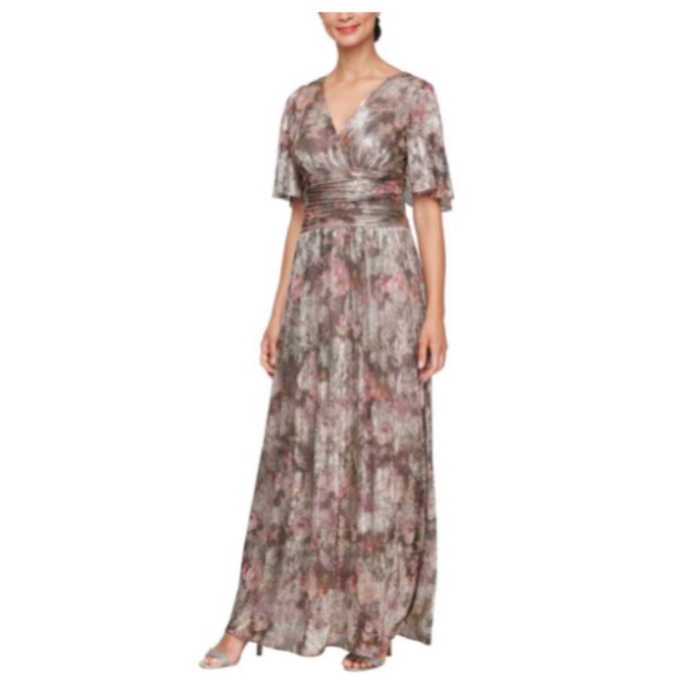 Long Metallic Knit Surplice Dress with Ruched Waist & Flutter Sleeves